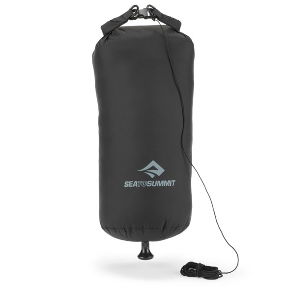 Adventure Ready Portable Camp Shower showcasing the roll-top opening and black exterior for heat absorption.