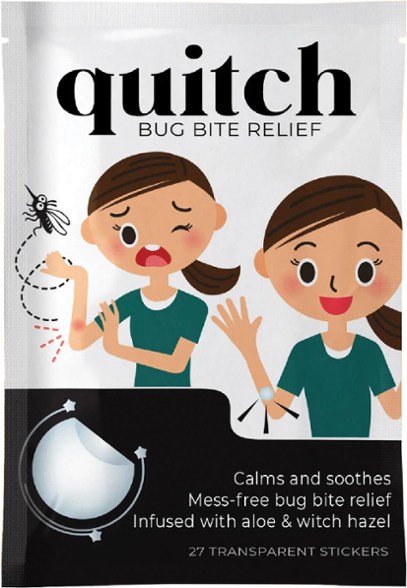 Quitch Bug Bite Relief Sticker applied to a child's arm, demonstrating its waterproof feature at the beach.