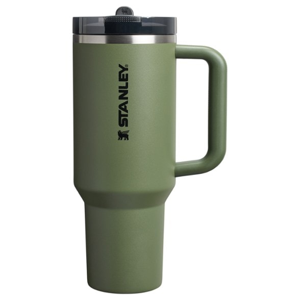 Stanley 40 oz insulated travel mug with flip straw from the side, showcasing its ergonomic design and textured grip.