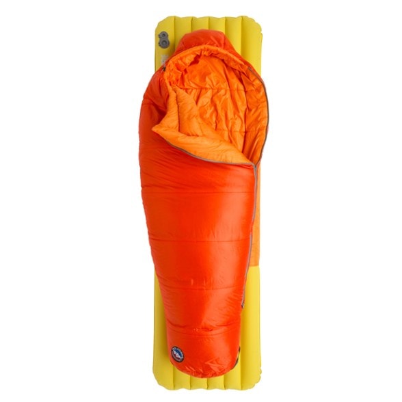TrailCub sleeping bag shown flat with contoured hood and mummy-style silhouette — kids sleeping bag built for backpacking comfort.