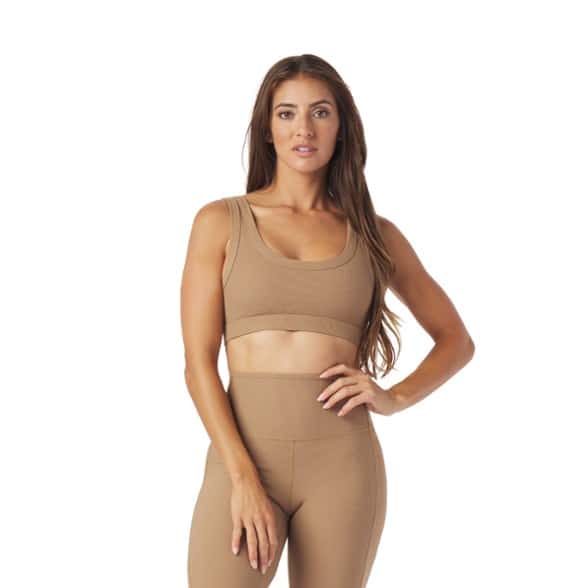 Front view of the Glyder Comfort Compression Bra highlighting its scoop neck and wide straps.