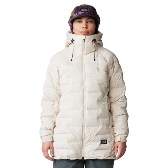 Mountain Hardwear Women's Stretchdown Parka in outdoor setting, showcasing warmth and style.