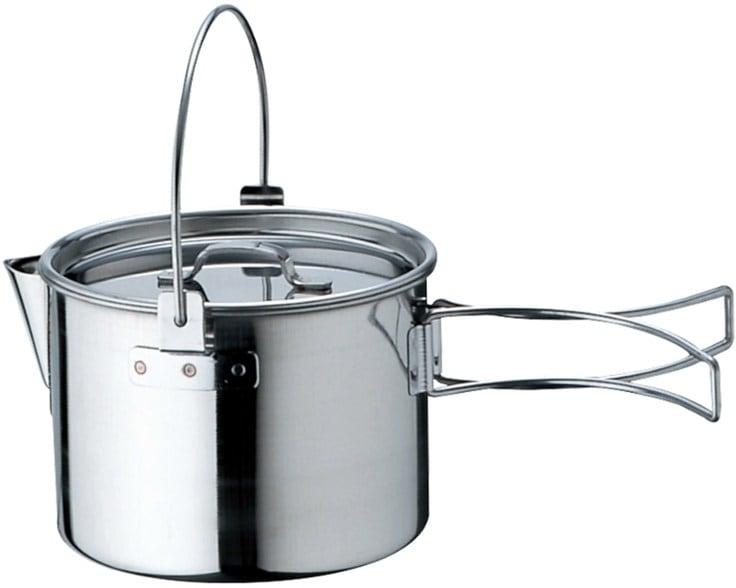 TrailBlaze compact camping kettle with folding handles set up over a camp stove in the wilderness