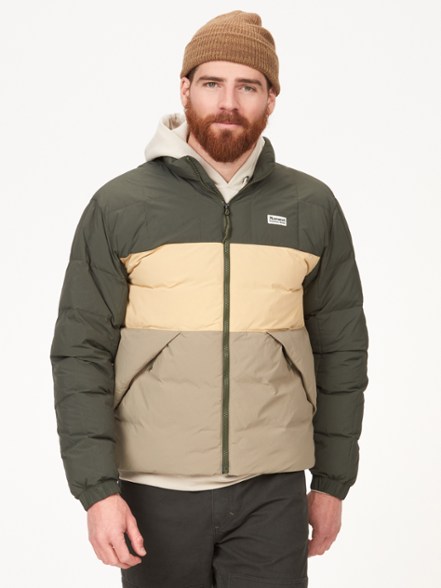Front view of the Ares Men's Down Jacket, highlighting its modern-retro design.