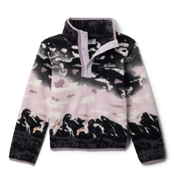Cozy kids wearing the warm half snap pullover outdoors on a snowy day.