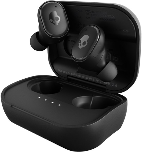 GrindPro true wireless earbuds angled view showing sleek design and compact charging case