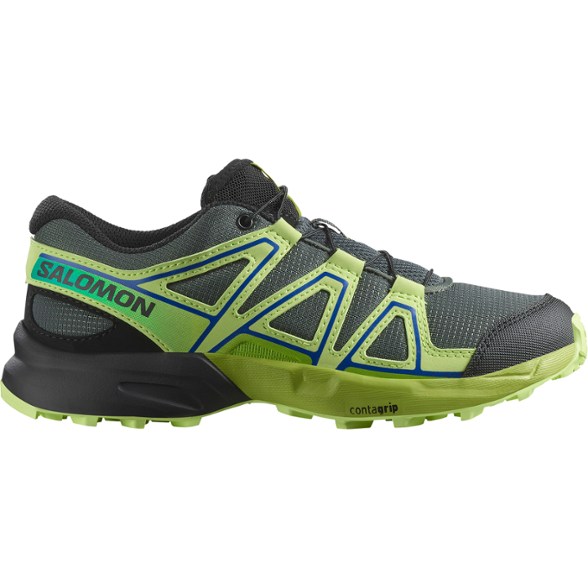 Side view of kids hiking shoes with quicklace system and rugged outsole for rough terrain