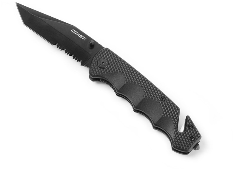 Coast DX330 tactical folding knife with glass breaker and seatbelt cutter.