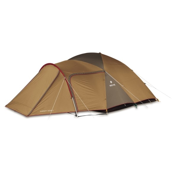 Snow Peak Alpine Escape Dome pitched on grassy terrain showing full front vestibule with awning extended