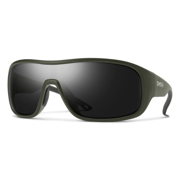 Side view of durable polarized sunglasses for outdoor activities with curved wraparound fit