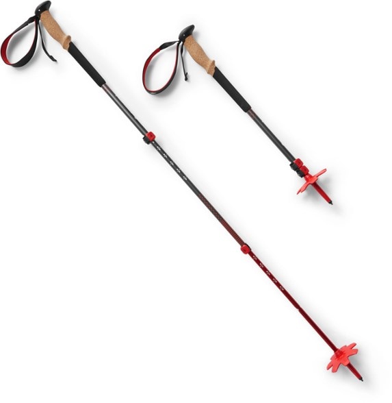 Pursuit Pro trekking poles showcasing ergonomic cork grips on a mountain trail.