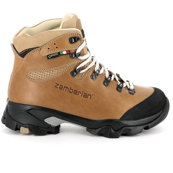 Side view of women's hiking boots showing full-grain leather and Vibram sole