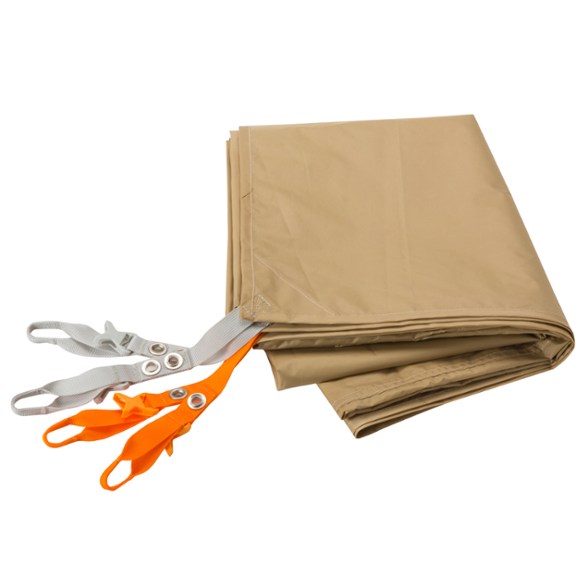 Top-down view of Big Agnes Bunk House 4 footprint laid out on rocky ground, showing durable tent footprint material