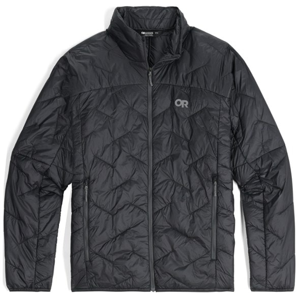 Front view of men's outdoor jacket showing insulated collar and zippered pockets