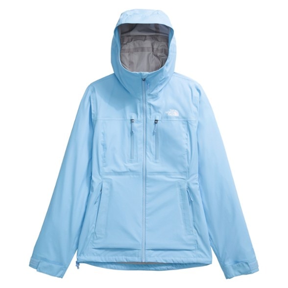 Front view of women's waterproof jacket with hood adjusted for trail use