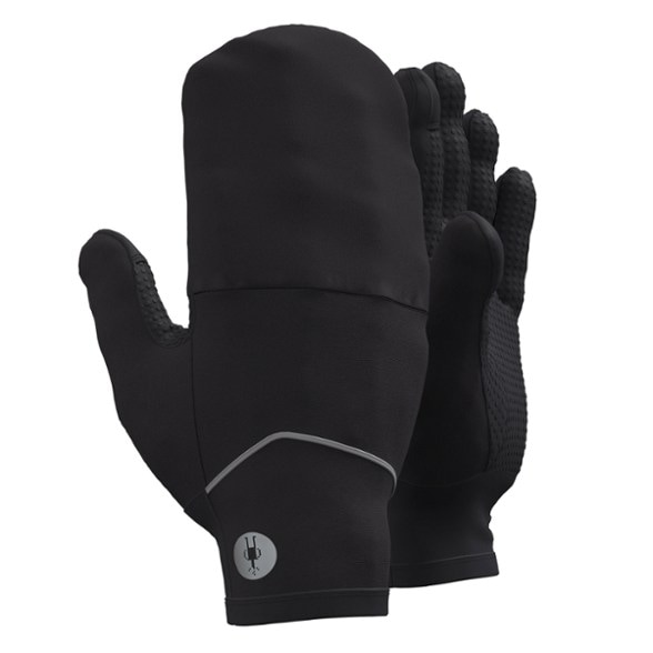 Front view of premium windproof fleece mittens showing silicone grip and touchscreen compatibility.