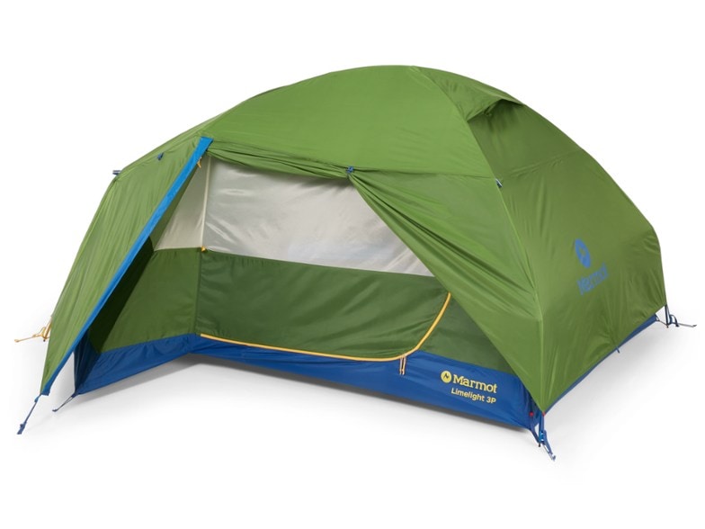 Front view of Marmot Limelight VX 3P tent fully set up on grass, showcasing dual vestibules and freestanding structure.