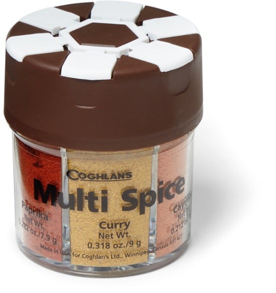 Overhead view of TrailBlend spice shaker showing 6 compartments filled with vibrant spices