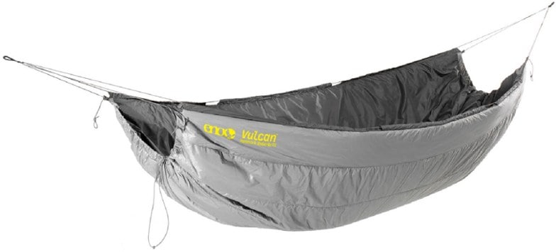 Close-up of the Vulcan insulated hammock underquilt highlighting the PrimaLoft insulation in use during a camping trip.