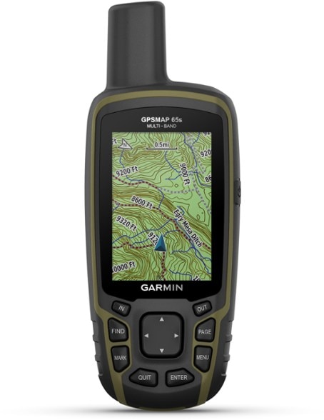 Garmin GPSMAP 65s rugged handheld GPS displaying a colorful map in bright sunlight.