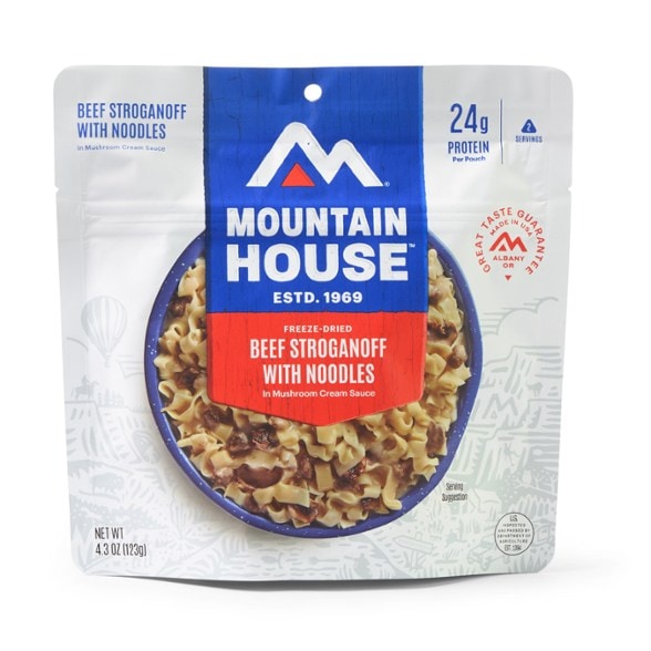 Front view of the TrailChef beef stroganoff pouch showing freeze dried meal packaging