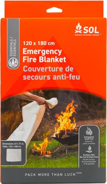SafeGuard Fire Safety Blanket displayed in a home setting, showcasing its bright red storage pouch.