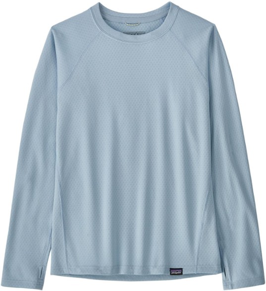 Front view of Patagonia kids base layer top in midweight fabric, highlighting moisture wicking and thermal features