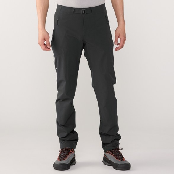 Front view of Arc'teryx Men's Technical Climbing Pants highlighting the durable fabric and pockets.