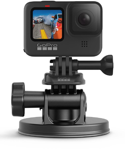 Side view of RideGrip Ultra GoPro mount attached to car window, showcasing suction grip and flexibility