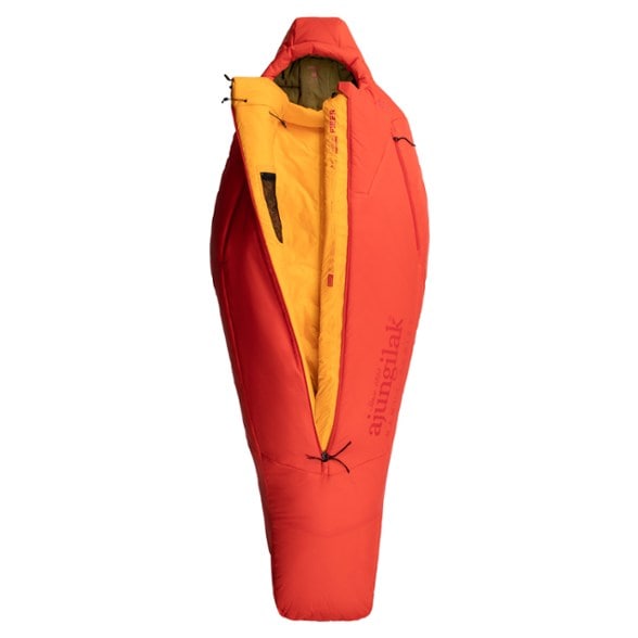 Side view of the women's ultimate cold weather down sleeping bag showing its waterproof features.