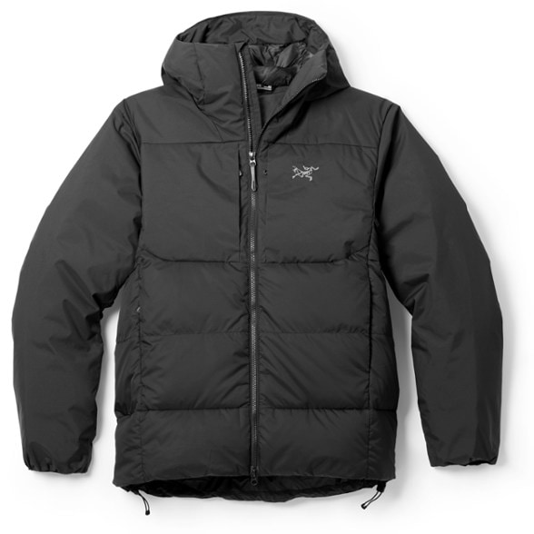 Front angle of the Arc'teryx Thorium SV down jacket showing hood and chest pockets.