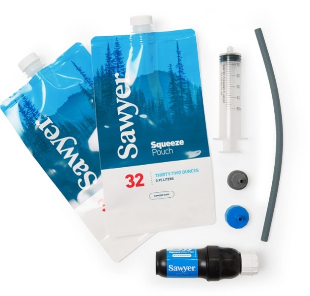 Sawyer Squeeze Pro water filter attached to collapsible pouch ready for camping use