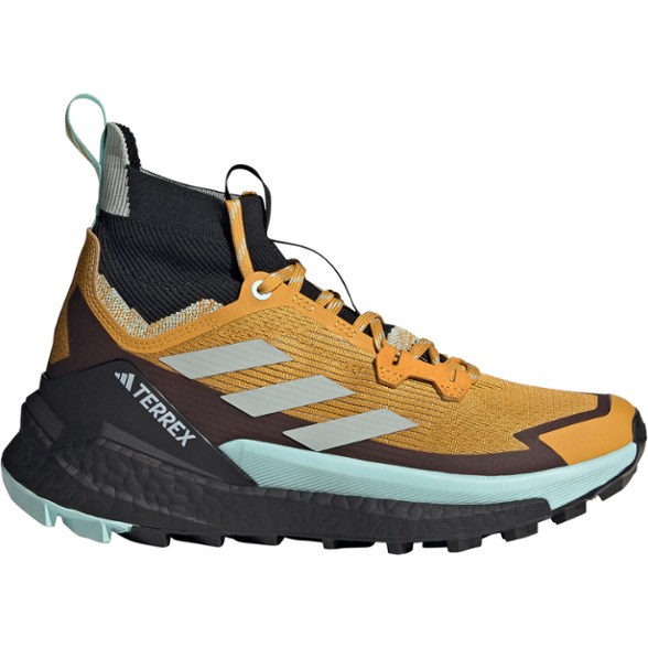Adidas Terrex Free Hiker 2.0 women's hiking shoes from the side, showcasing the sock-like upper and lace-up design.
