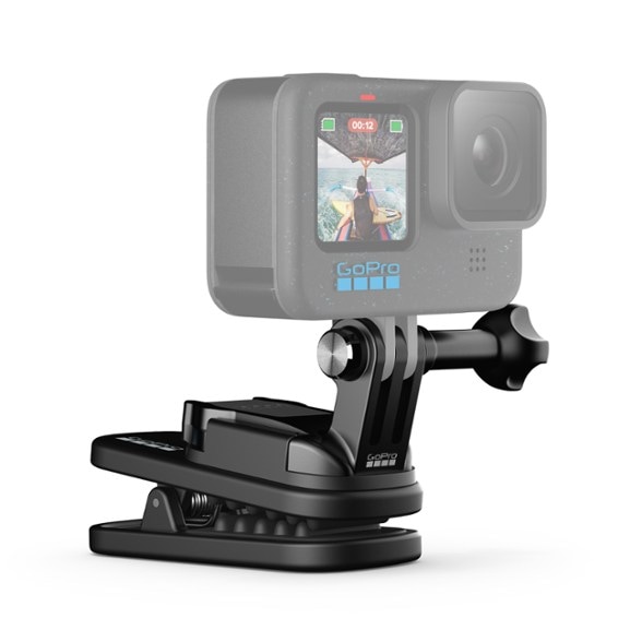 Front view of BackSnap 360 Magnetic Camera Clip mounted on backpack strap