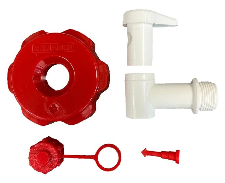Close-up of the Ultimate Replacement Spigot for Water Carriers, showing the cap skirt feature.