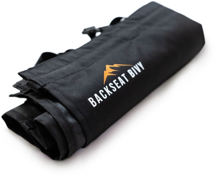 Side view of Explorer Backseat Bivy stretched across car backseat for backseat camping