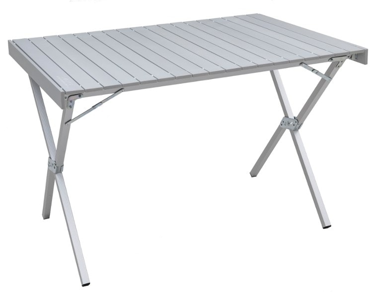 X-Large aluminum folding camping table set up for a backyard barbecue