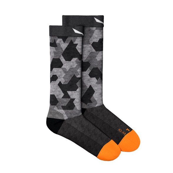 Men's merino wool hiking crew socks with a camo pattern, showing off the durable material and cushioning.
