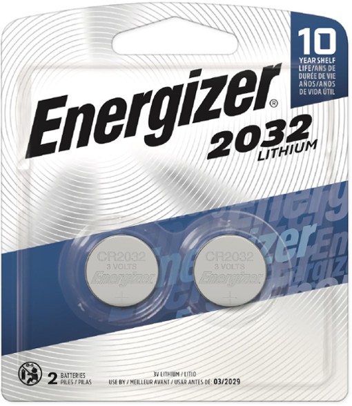 Energizer CR2032 lithium coin cell batteries in packaging, ideal for electronics.