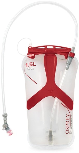 Osprey Hydraulics LT reservoir showcasing the ergonomic handle and bite valve for easy hydration.