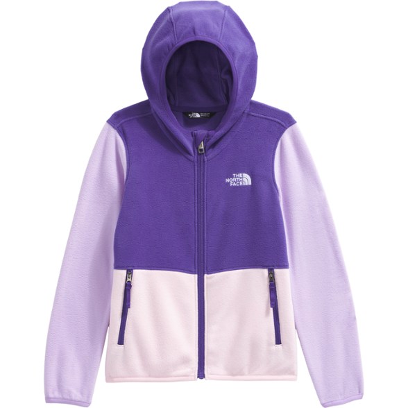 Front view of children's zip-up hoodie with hood in blue, showing full zipper and hood