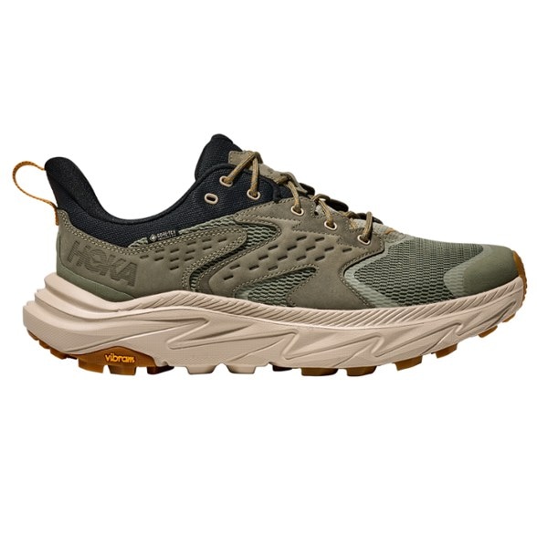 Side view of HOKA Anacapa 2 Low GTX hiking shoes showcasing eco-friendly materials.