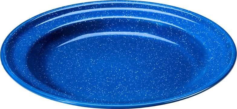 Blue speckled enamel plate on a picnic table