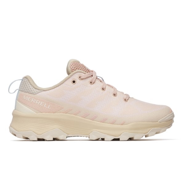 Side view of Merrell eco-friendly hiking shoes for women on a rocky trail.