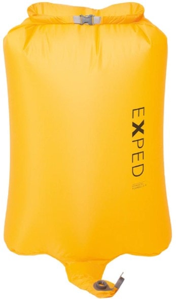 Exped UltraLight pump bag showing integrated valve attached to sleeping pad for fast inflation