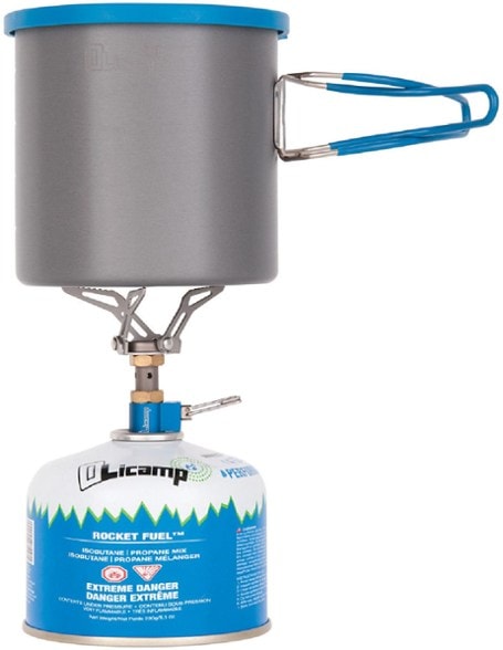OliCamp Ion ultralight stove and LT pot combo shown from a side angle, highlighting compact isobutane stove for backpacking