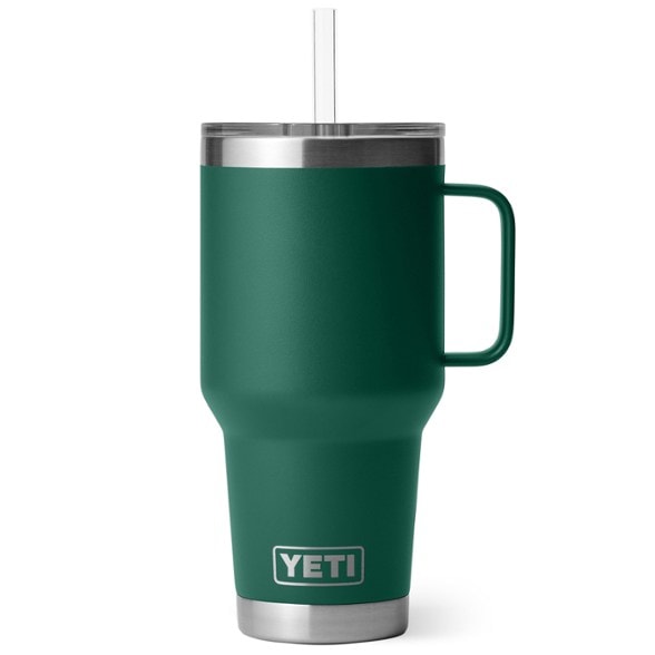 Rambler Pro 35oz stainless steel tumbler with straw lid, shown from side angle highlighting durable construction