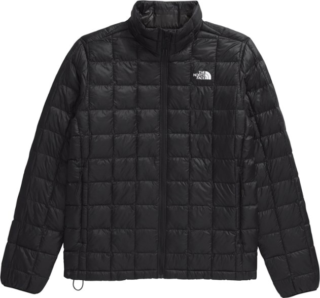 Front view of the Eco-Friendly ThermoBall insulated jacket in action during a winter hike.
