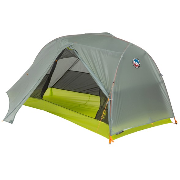 Tiger Wall UL1 tent set up in a scenic campsite, showcasing its side entry door and spacious vestibule.