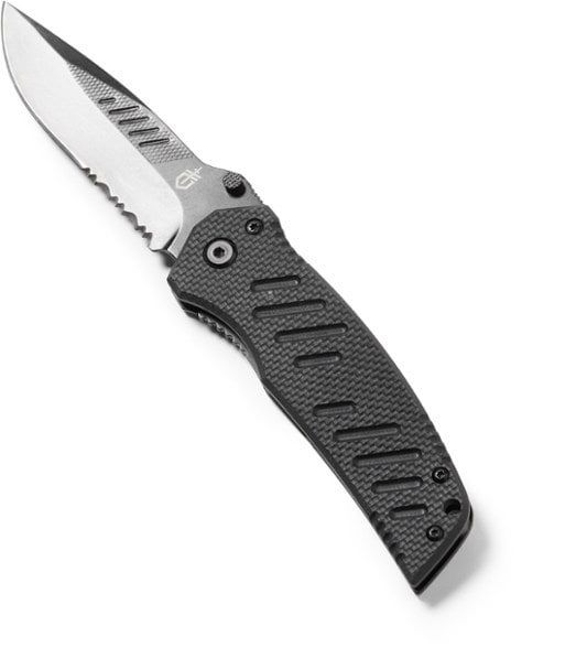 Close-up of Precision Edge Folding Knife highlighting the partially serrated drop point blade.